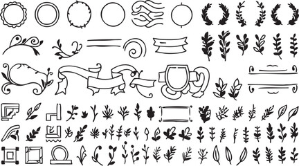 Hand drawn floral vector elements: wreaths, banners, leaves, and dividers for graphic design eps silhouette