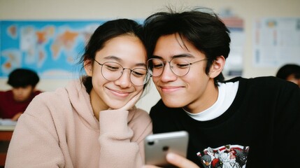 Young students enjoying a moment together while looking at a smartphone in a classroom during school hours
