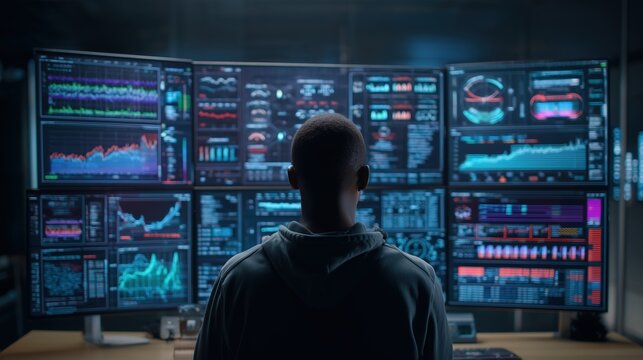 A young Black man with short hair stands in front of multiple computer screens displaying data and graphs. The environment is dimly lit, emphasizing the screens' glow.
