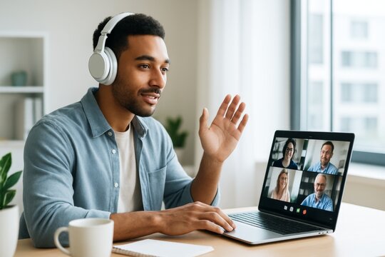 Man wearing headphones waves during video call with coworkers on laptop in bright home office with light background and creative workspace setup. Ai generative - Powered by Adobe
