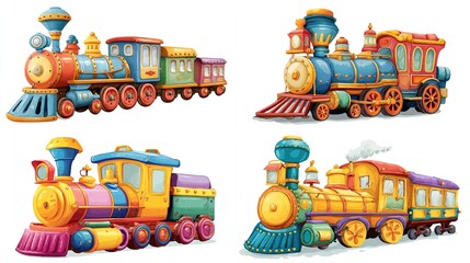Four vibrant cartoon steam trains, each uniquely colored with multiple carriages, detailed features, and whimsical designs, set against a white background