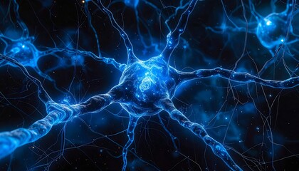 A digital 3D illustration showcasing a network of glowing blue neurons, representing neural pathways and brain activity