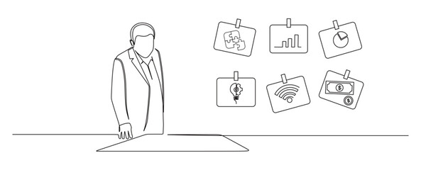 Continuous line art of a man in a business suit looking at a work paper on a desk and a success icon and a good idea icon next to it. Vector illustration