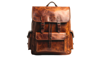 A richly-toned brown leather backpack, featuring a top flap with buckles, two side pockets, and a central compartment.  Distressed leather adds vintage appeal