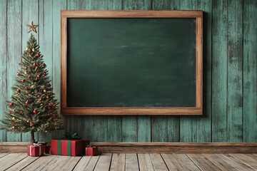 Generative AI festive school New Year banner with empty chalkboard, Christmas decorations for copy space advert