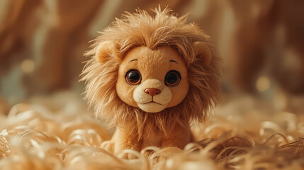 Fototapeta premium Adorable plush lion toy on soft fur
