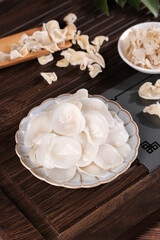 White Jade Mushrooms Changbai Mountain Northeast China Dried Fungus Specialties Traditional Ceramic Dishes Wooden Background