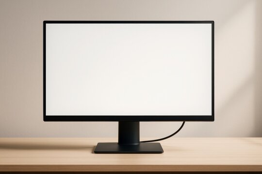 Blank computer monitor screen mockup on wooden desk in minimal workspace with soft lighting and clean background for branding or design display.