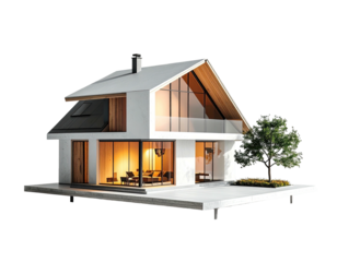 Modern two-story house with A-frame roof, large windows, warm interior lighting, and a small tree beside a patio