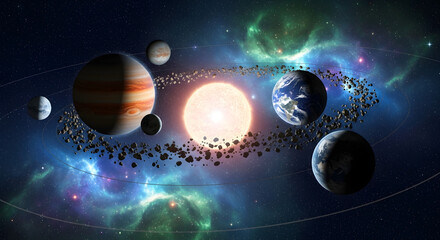 Solar system with planets, asteroids, and nebula in deep space background