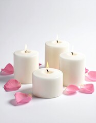 Four white pillar candles, lit, with rose petals