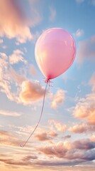 Obraz premium single pink balloon in pastel blue sky, whimsical surreal concept, minimal style, copyspace
