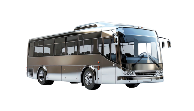 Sleek, metallic-grey charter bus, angled view, showcasing modern design and large windows