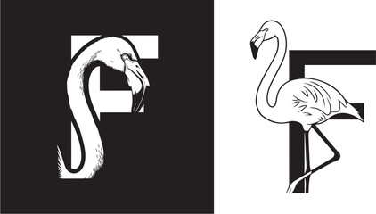 Creative Flamingo and Letter F Monogram Design in Black and White