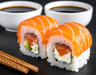 Fresh salmon sushi rolls on a dark surface with dipping sauces