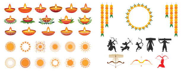 Indian traditional fastival elements: dussehra diwali, durga, puja, navratri, holi, diya, mandala, marigold, flower, garland, rama, ravan, bow, black, silhouette, 