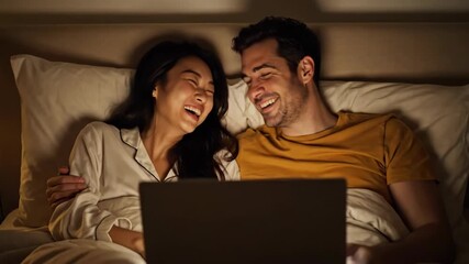 Joyful diverse couple laughing hysterically in bed while watching a funny movie on their laptop at night together - Powered by Adobe