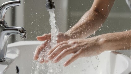 Fototapeta premium Invigorating splash of water as hands cleanse under faucet stream, promoting hygiene and wellness, ideal for health and lifestyle campaigns