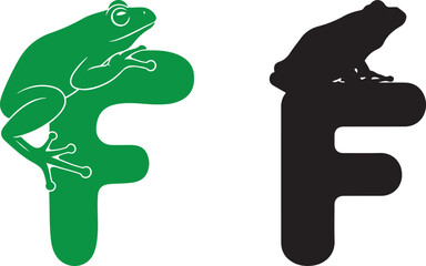 Green Frog Perched on Letter F with Black Silhouette Version