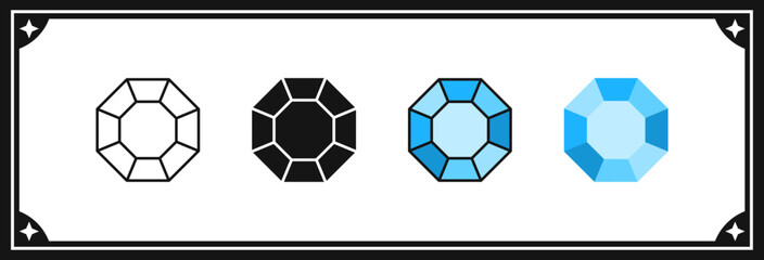 Octagon diamond gem jewel gemstone line icons vector set