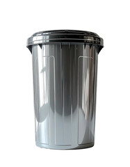 A dark grey cylindrical plastic trash can with a slightly glossy finish and a fitted lid.  Vertical lines are molded into its surface
