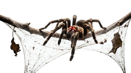 A large, spooky tarantula spider crawling across its dusty and messy cobweb attached to a broken branch, isolated on a white background