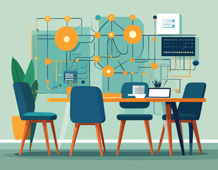 A modern conference room showcasing a complex neuromorphic chip architecture, illustrating the future of artificial intelligence