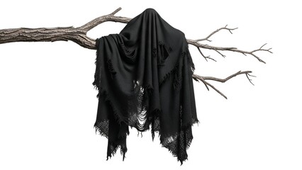 A spooky tattered black cloak hanging ominously from a desolate, dry tree branch, isolated against a stark white background creating a scary Halloween concept