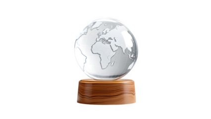 Crystal globe on wooden base, isolated on transparent background