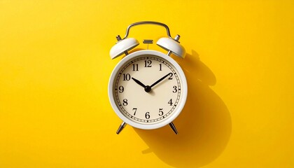 A white alarm clock on a bright yellow background