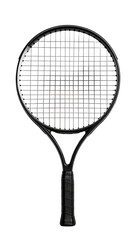 Sleek, black tennis racket with a graphite frame and a subtly textured handle, isolated on a black background; showcasing intricate string pattern