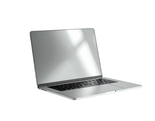 Sleek silver laptop angled slightly, screen displaying subtle light reflections, keyboard visible