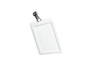 Blank white plastic ID card holder with a silver clip, angled slightly, isolated on a black background