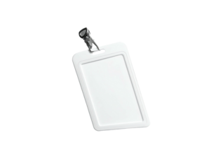 Blank white plastic ID card holder with a silver clip, angled slightly, isolated on a black background