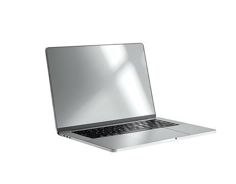 Sleek silver laptop angled slightly, screen displaying subtle light reflections, keyboard visible