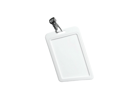 Blank white plastic ID card holder with a silver clip, angled slightly, isolated on a black background