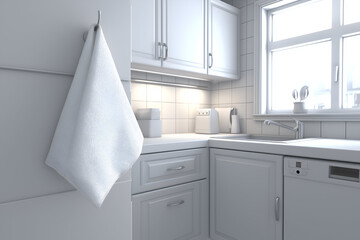 Monochrome White Kitchen Interior with Clean Hanging Towel. Mock up promotion information for marketing announcements and details, blank white space.