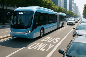 Fototapeta premium Modern electric BRT bus driving in dedicated lane marked 