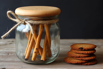 Rustic Glass Jar Filled with Breadsticks and Stack of Cookies. Mock up promotion information for marketing announcements and details, blank white space.