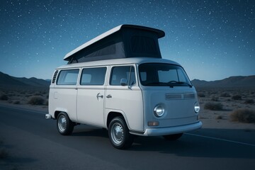 Classic camper van with pop-up roof parked on desert road under starry night sky, peaceful and nostalgic travel concept with scenic background. Ai generative