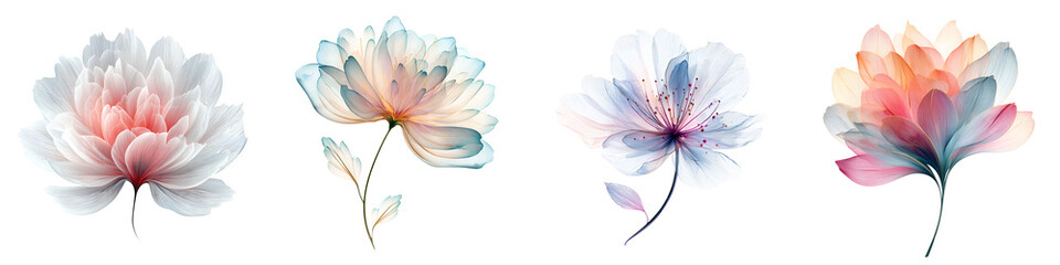Abstract Watercolor Flowers: Soft and Translucent Botanical Illustrations Isolated