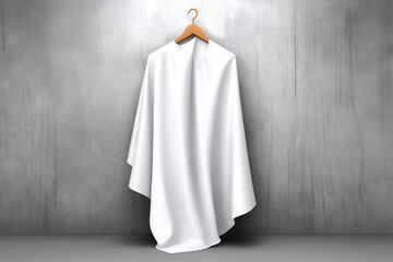 White Fabric Draped on Hanger in Minimalist Grey Studio Space. Mock up promotion information for marketing announcements and details, blank white space.