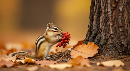 Chipmunk enjoying autumn berries near tree.