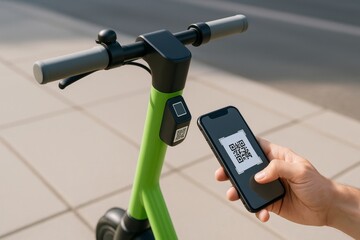 Person scanning QR code on electric scooter with smartphone for smart urban transport on sunny day with pavement background outdoors. Ai generative