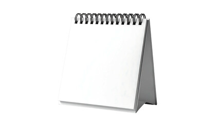 Blank white desktop calendar with spiral binding, standing upright, showcasing a clean, minimalist design, perfect for showcasing dates or notes