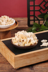 Dried White Jade Fungus Mushroom Selection in Wooden Bowls - Premium Asian Specialty Ingredient