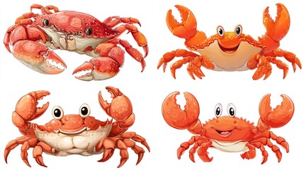 Four cartoon crabs, two realistic and two stylized,  displayed against a white background;  varying in expressions and poses
