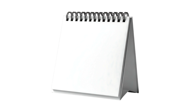 Blank white desktop calendar with spiral binding, standing upright, showcasing a clean, minimalist design, perfect for showcasing dates or notes