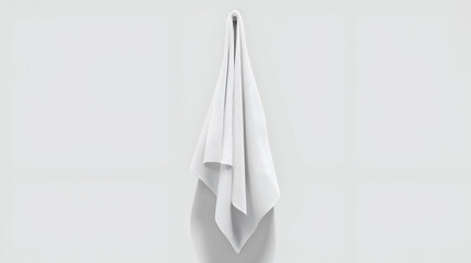 Clean White Towel Hanging on Gray Hook Against Solid Wall Backdrop. Mock up promotion information for marketing announcements and details, blank white space.