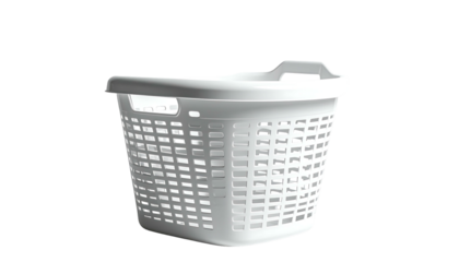 White plastic laundry basket with a curved design, featuring a handle and gridded sides for ventilation.  It's a medium-sized container for holding soiled clothes